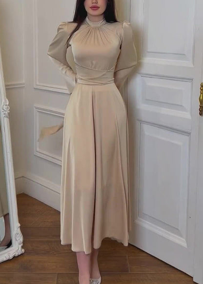 Elegantes Apricot Stehkragen Schnürseidenkleid Herbst WO058