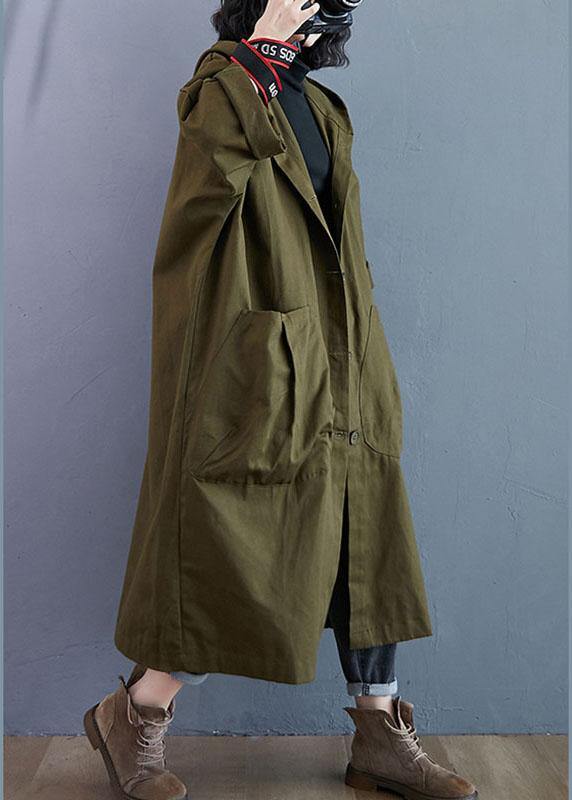 Trench-coat élégant à manches longues et capuche avec poches et boutons vert armée QS061