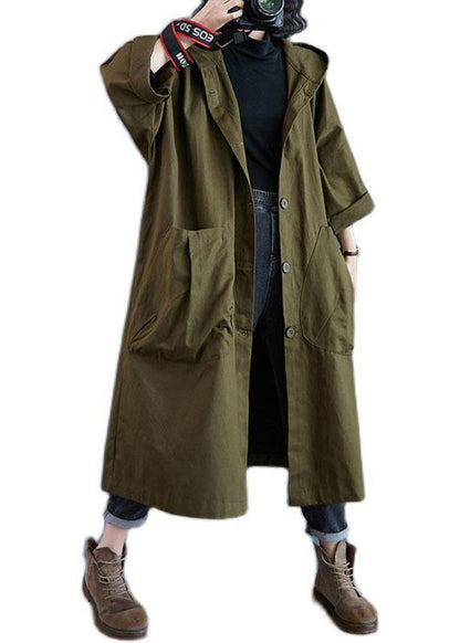 Trench-coat élégant à manches longues et capuche avec poches et boutons vert armée QS061