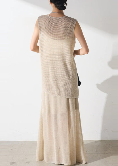 Tulle Outfits Piece Hollow Two Set Elegant Beige Asymmetrical Out