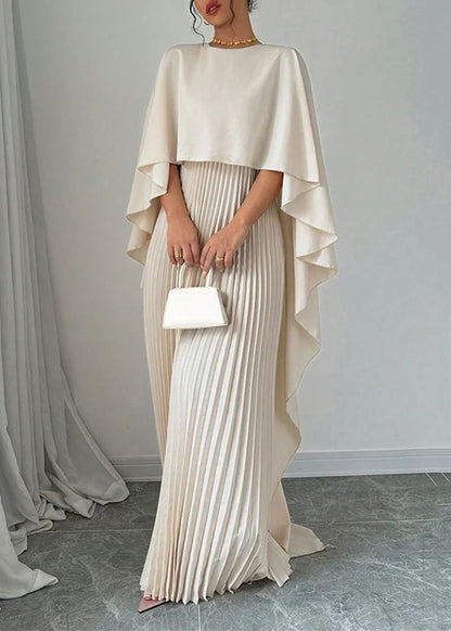 Long Dress Beige Sleeve Patchwork Asymmetrical Elegant Batwing