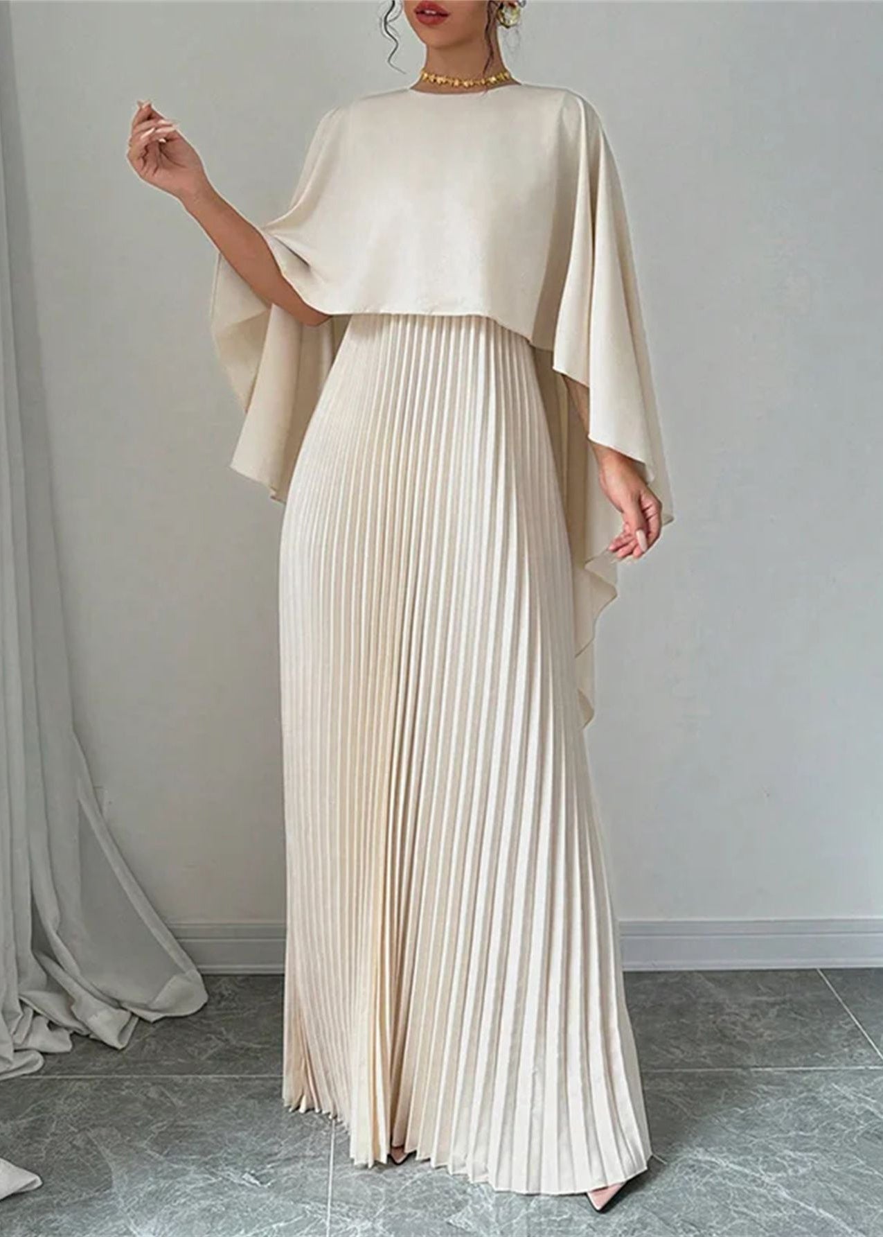 Batwing Dress Patchwork Elegant Beige Sleeve Long Asymmetrical