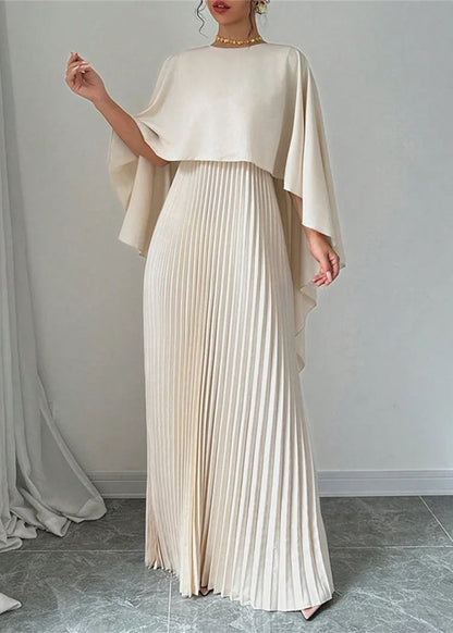 Long Dress Beige Sleeve Patchwork Asymmetrical Elegant Batwing