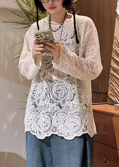 Elegant Hollow T Embroidered Beige Shirt Out Spring Lace