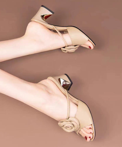 Sandales à talons épais et élégantes à imprimé floral beige à bout ouvert XC1028