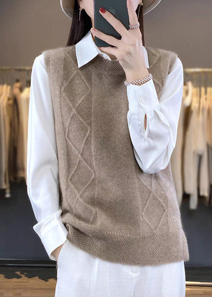 Elegant Beige O-Neck Cozy Knit Vest Sleeveless TF007