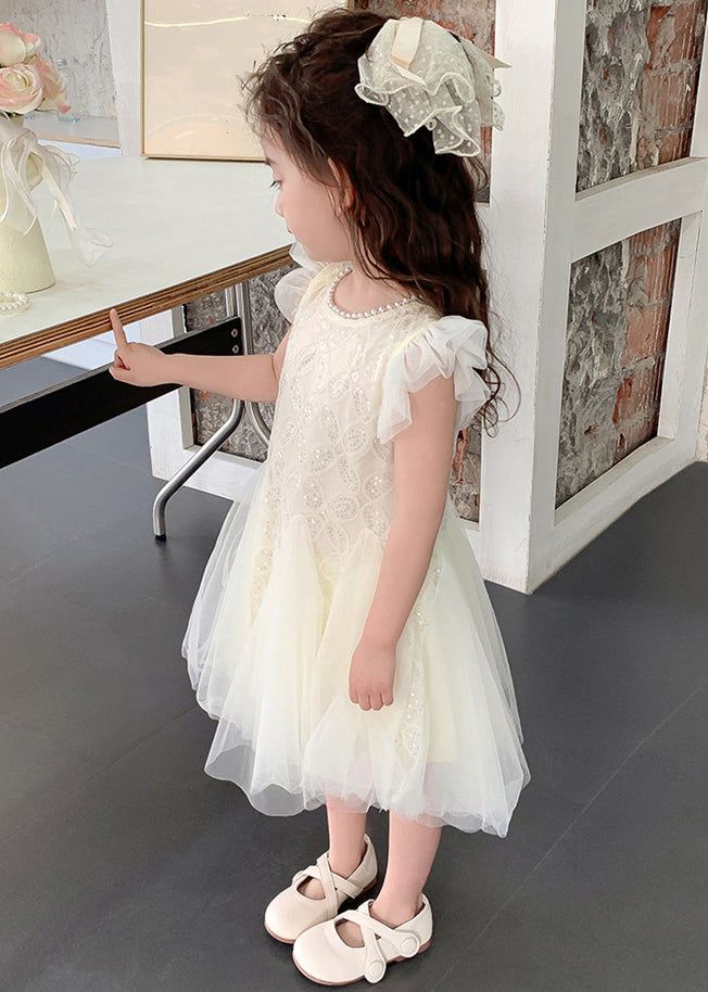 Robe d'été élégante en tulle à paillettes et perles beiges pour filles TT027