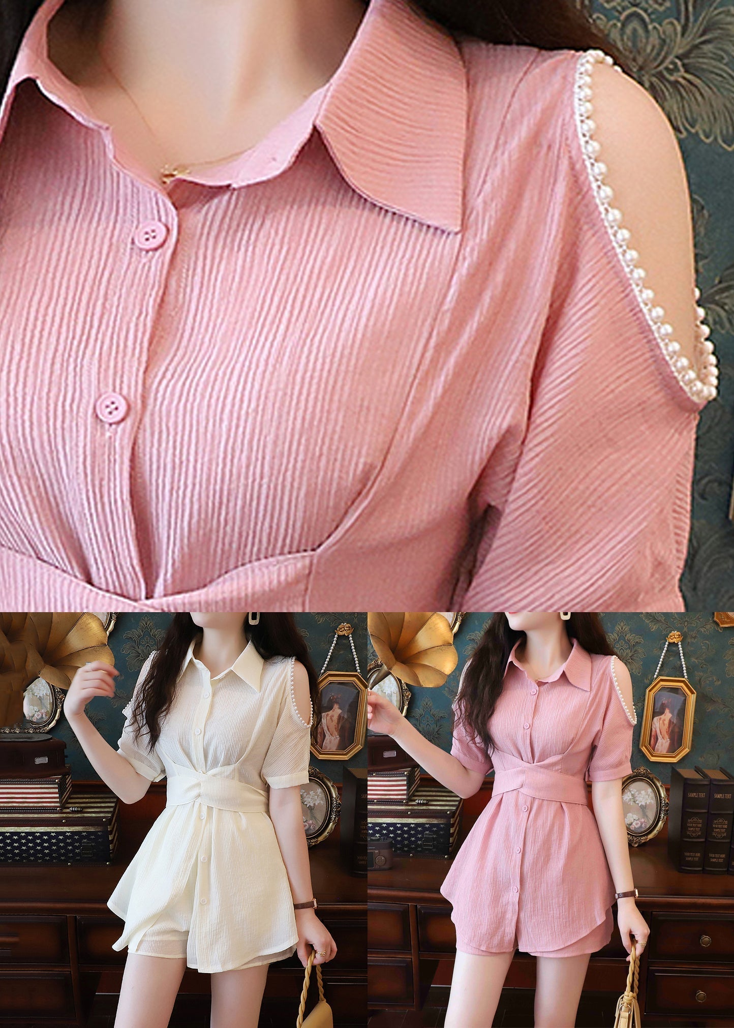 Summer And Elegant Shorts Two-Piece Beige Cotton Set Shirts Pearl