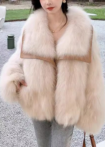 Elegant Beige Peter Pan Collar Button Leather And Fur Coats Spring YW034
