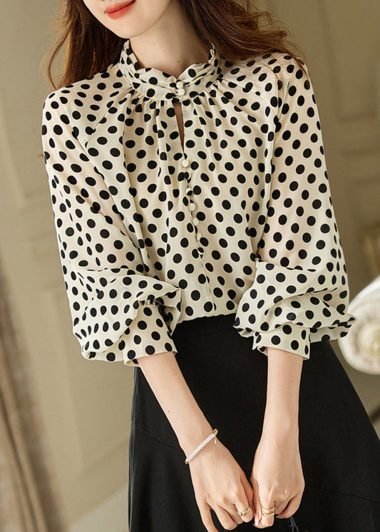 Elegant Beige Stand Collar Dot Print Chiffon Shirts Long Sleeve WW008