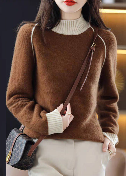 Elegant Beige Turtleneck Cozy Patchwork Wool Knit Sweaters Fall QI047