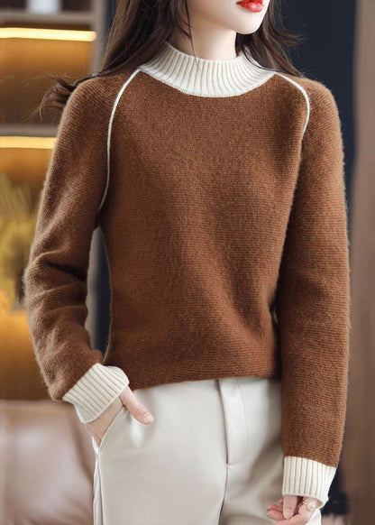 Elegant Brown Turtleneck Cozy Patchwork Wool Knit Sweaters QI042