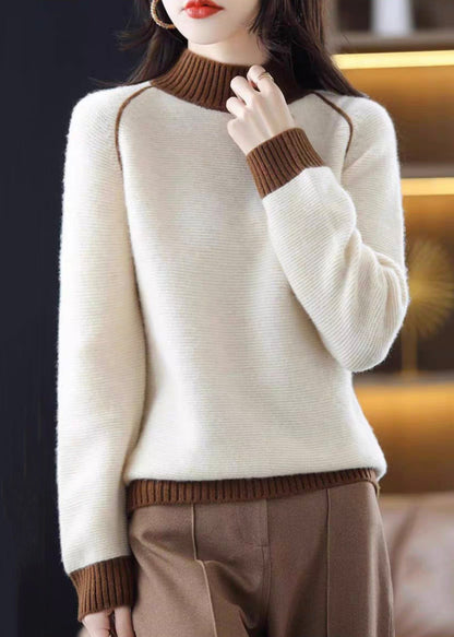 Elegant Brown Turtleneck Cozy Patchwork Wool Knit Sweaters QI042