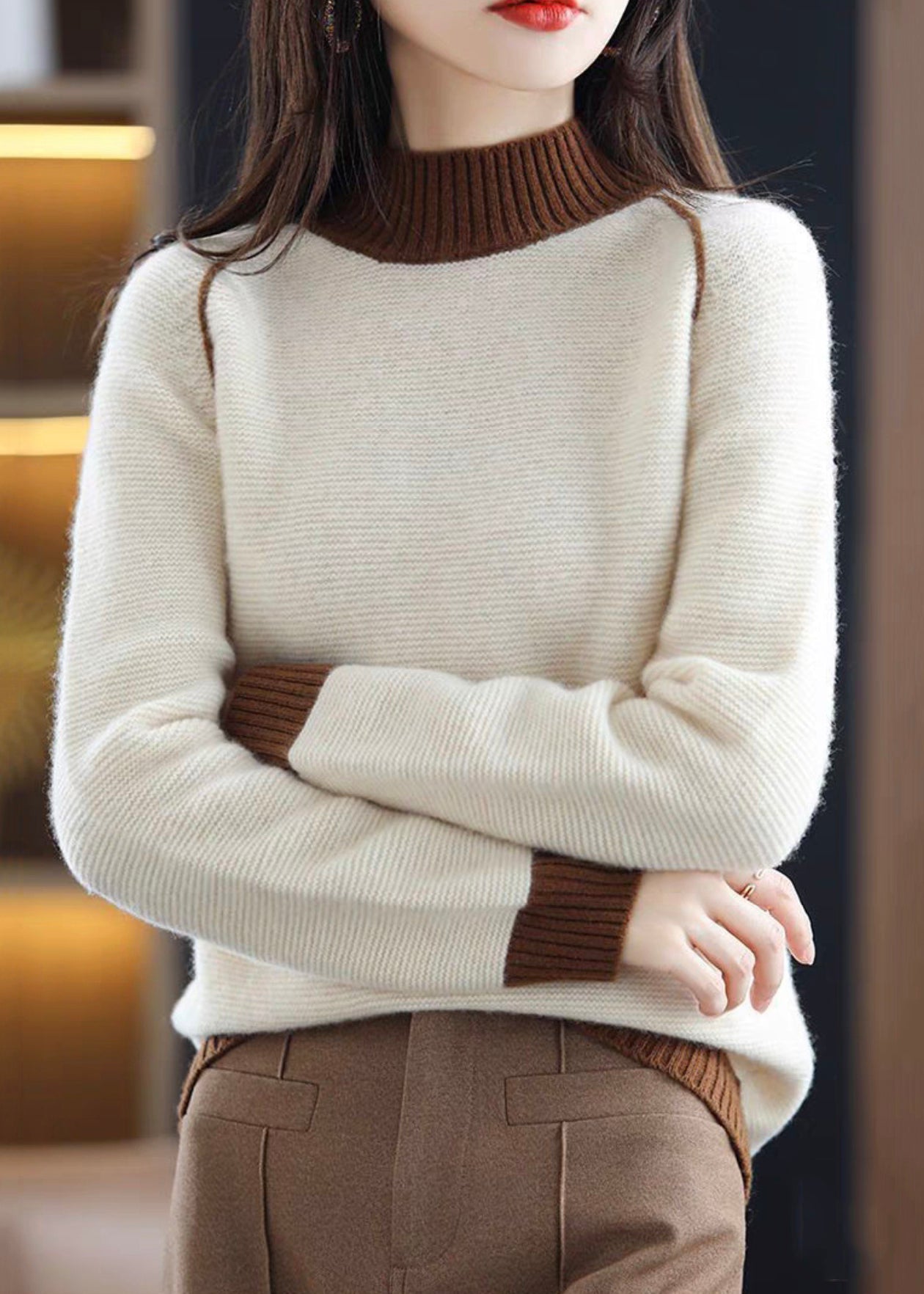 Elegant Beige Turtleneck Cozy Patchwork Wool Knit Sweaters Fall QI047