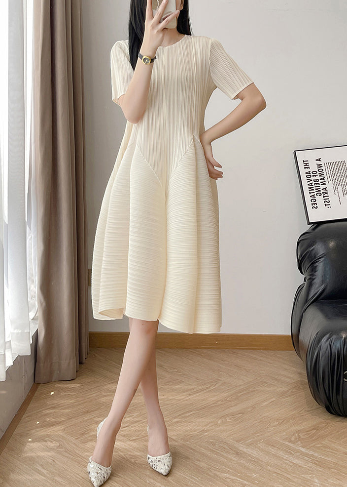 Wrinkled Waist High Cotton Elegant Solid Beige Dresses