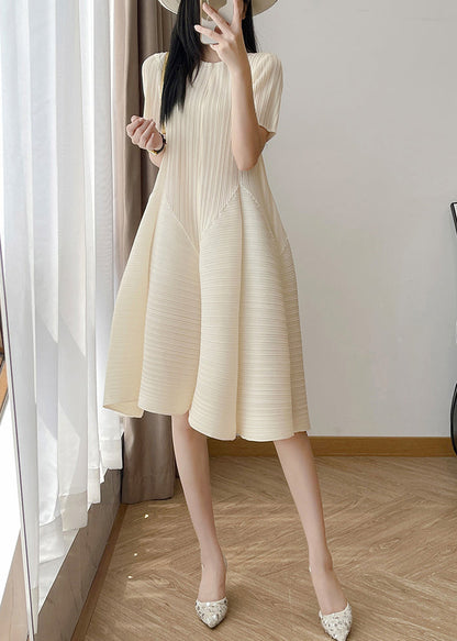 Wrinkled Waist High Cotton Elegant Solid Beige Dresses