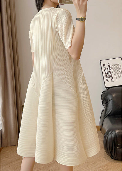 Wrinkled Waist High Cotton Elegant Solid Beige Dresses