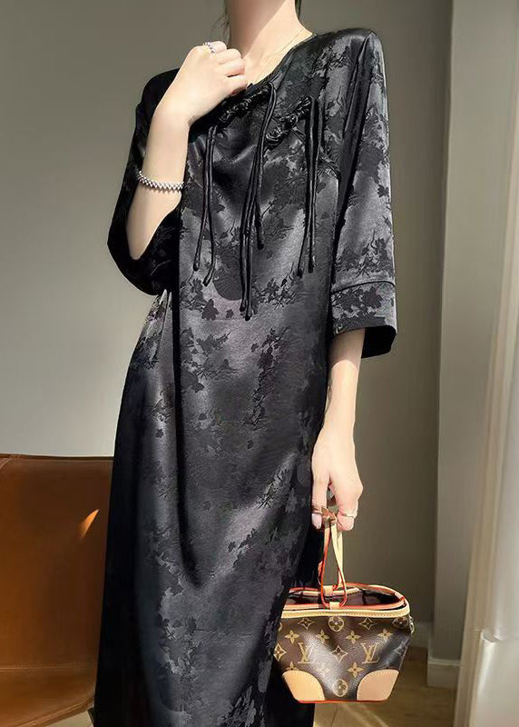 Robe élégante en soie unie noire à boutons chinois Automne AB1034