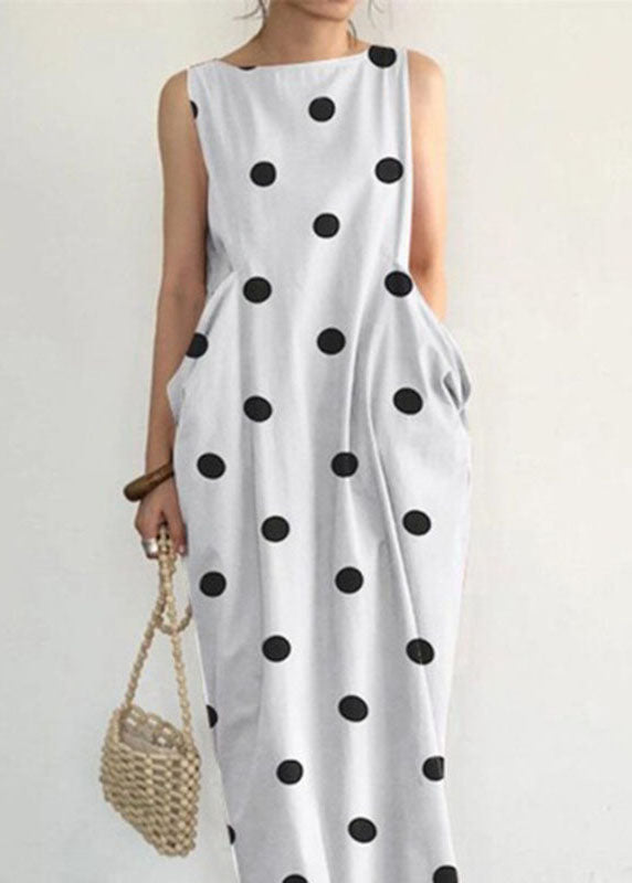 Elegant Black Dot Print Pockets Long Dresses Sleeveless VB1053