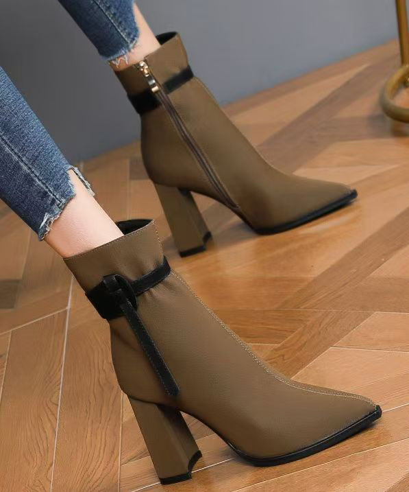 Elegant Black Faux Leather Splicing Boots Pointed Toe TE006