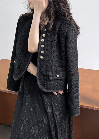 Elegant Black O-Neck Button Woolen Coat Long Sleeve QE061