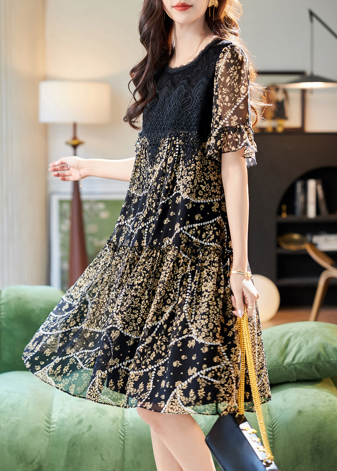 Print Chiffon Summer O Patchwork Dress Elegant Lace Neck Black