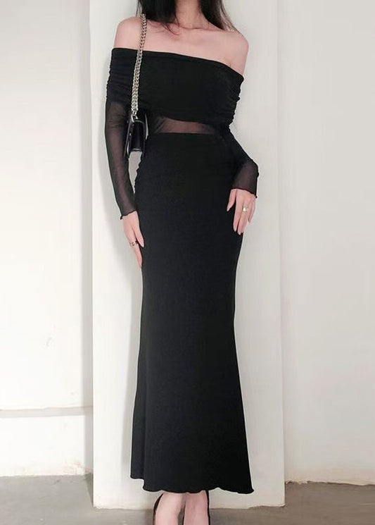 Elegant Black Slash Neck Tulle Patchwork Long Dress Spring YT017