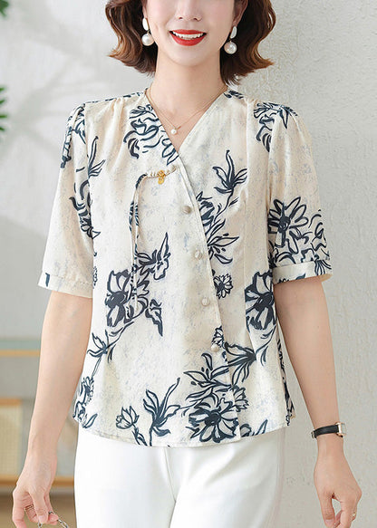 Print Shirts Tasseled Black Summer Elegant Silk