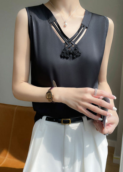 Sleeveless Hollow Tank V Black Silk Neck Out Elegant