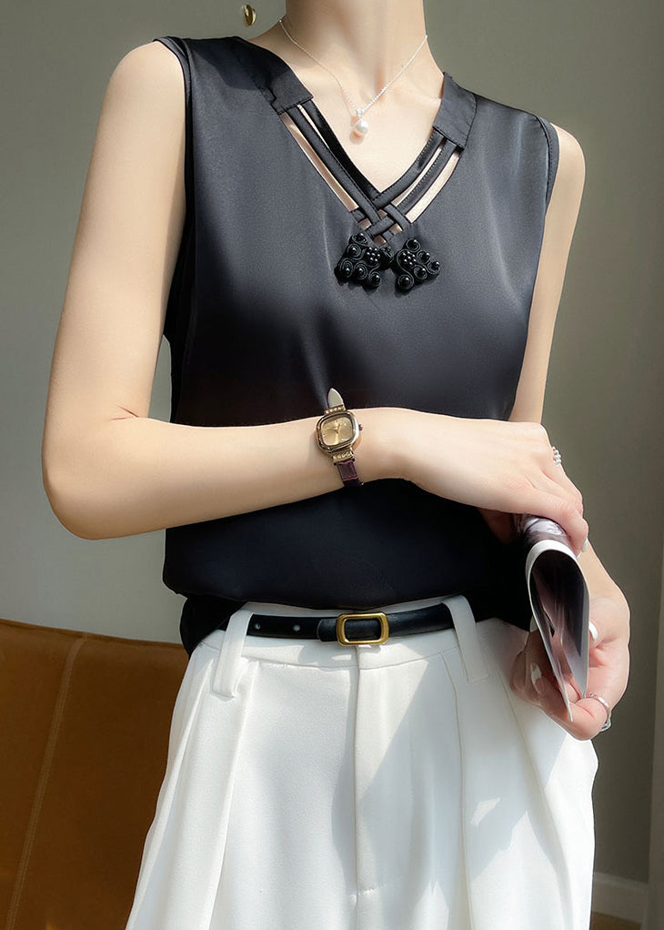 Sleeveless Hollow Tank V Black Silk Neck Out Elegant