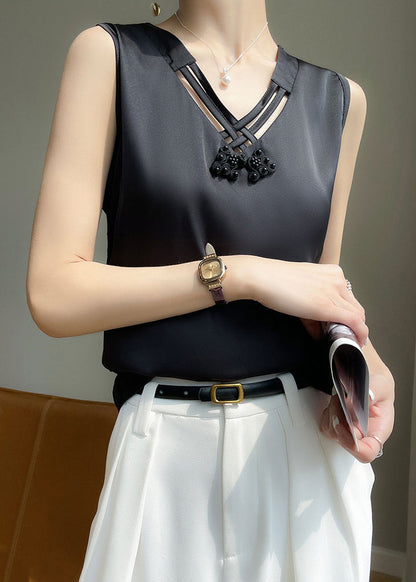 Sleeveless Hollow Tank V Black Silk Neck Out Elegant