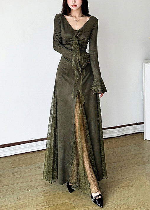 Elegant Blackish Green Patchwork Lace Long Dress Flare Sleeve YP047