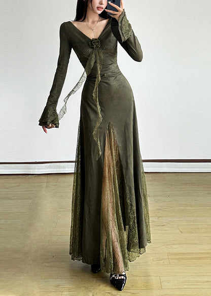 Elegant Blackish Green Patchwork Lace Long Dress Flare Sleeve YP047