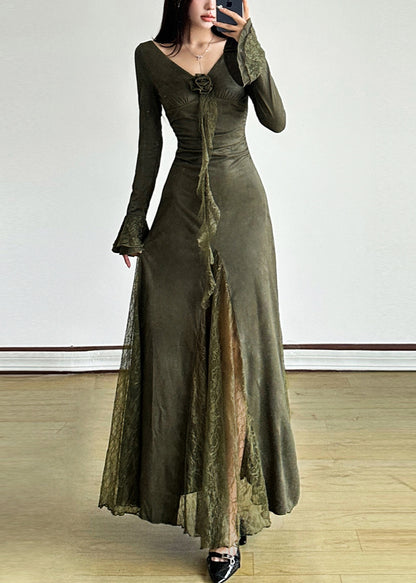 Elegant Blackish Green Patchwork Lace Long Dress Flare Sleeve YP047