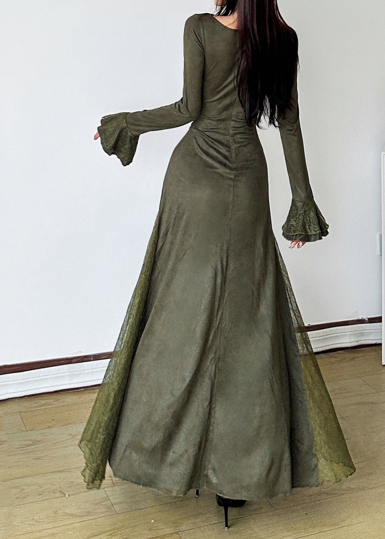 Elegant Blackish Green Patchwork Lace Long Dress Flare Sleeve YP047