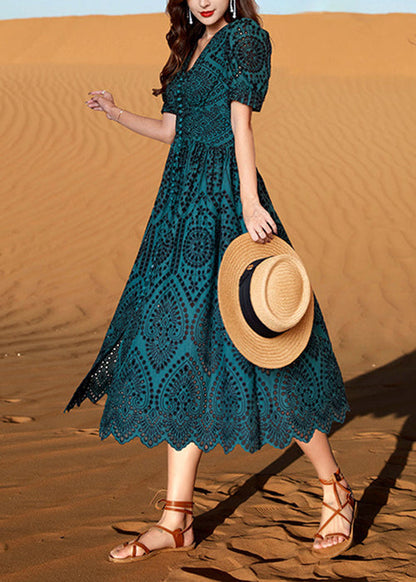 Green Out Blackish Hollow Cotton Summer Neck Dresses V Elegant