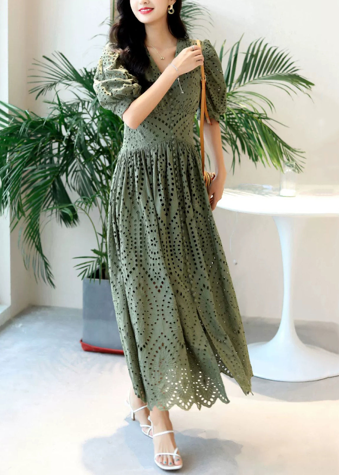 Green Out Blackish Hollow Cotton Summer Neck Dresses V Elegant