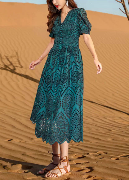 Green Out Blackish Hollow Cotton Summer Neck Dresses V Elegant