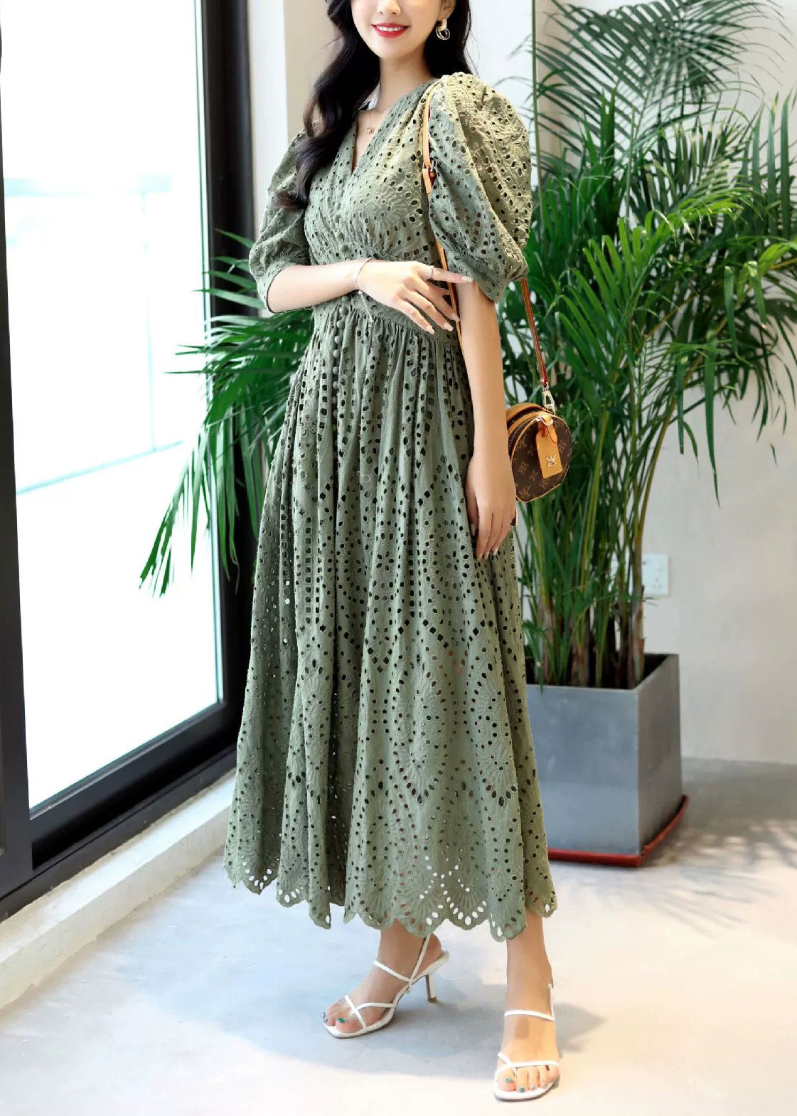 Green Out Blackish Hollow Cotton Summer Neck Dresses V Elegant