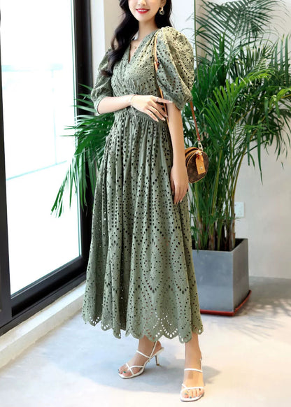 Green Out Blackish Hollow Cotton Summer Neck Dresses V Elegant