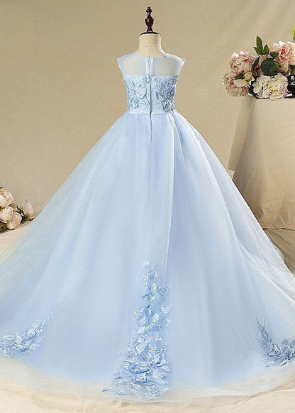 Elegant Blue Butterfly Floral Tulle Kids Long Dress Sleeveless YS008