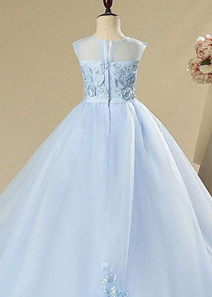 Elegant Blue Butterfly Floral Tulle Kids Long Dress Sleeveless YS008