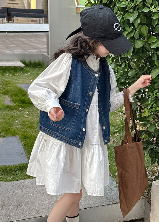 Ensemble élégant gilet en jean bleu et robe blanche pour filles, ensemble 2 pièces pour l'automne XZ081