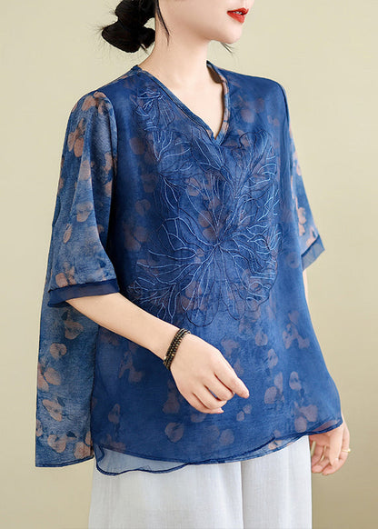 Elegant Blue Embroidered Floral T Shirts Summer AP023