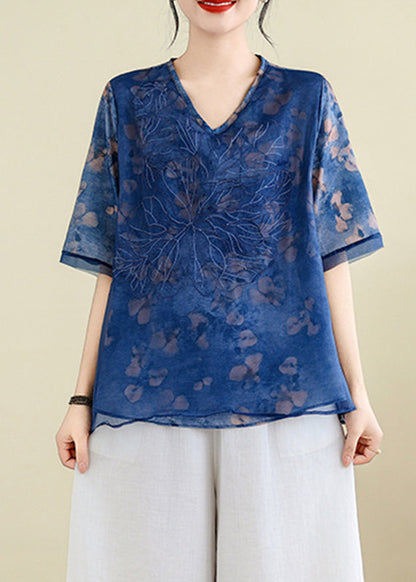 Elegant Blue Embroidered Floral T Shirts Summer AP023