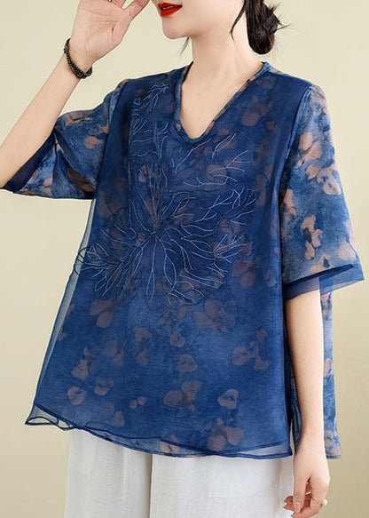 Elegant Blue Embroidered Floral T Shirts Summer AP023