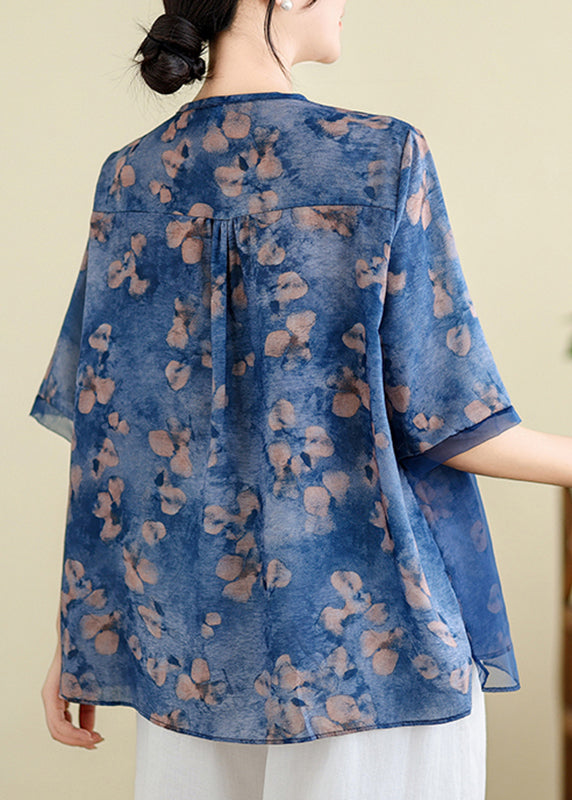 Elegant Blue Embroidered Floral T Shirts Summer AP023