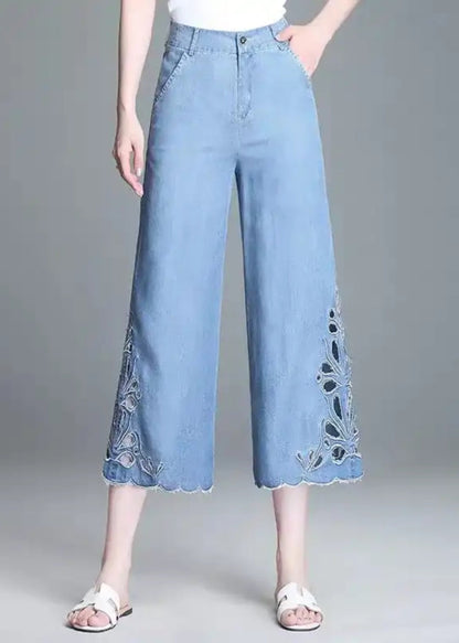 High Elegant Hollow Summer Crop Out Waist Blue Jeans