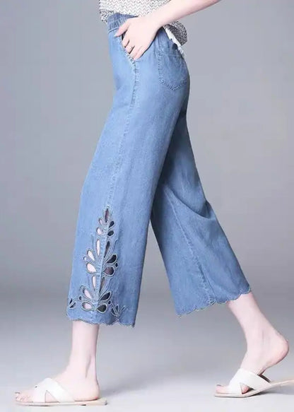High Elegant Hollow Summer Crop Out Waist Blue Jeans
