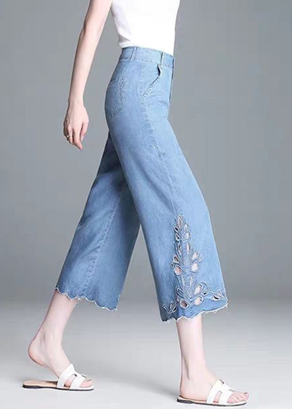 High Elegant Hollow Summer Crop Out Waist Blue Jeans